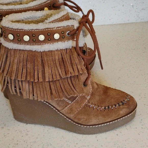 Fringe Suede Wedge Boots - Brown SAM  EDELMAN Size 8.5 Women - Picture 4 of 6